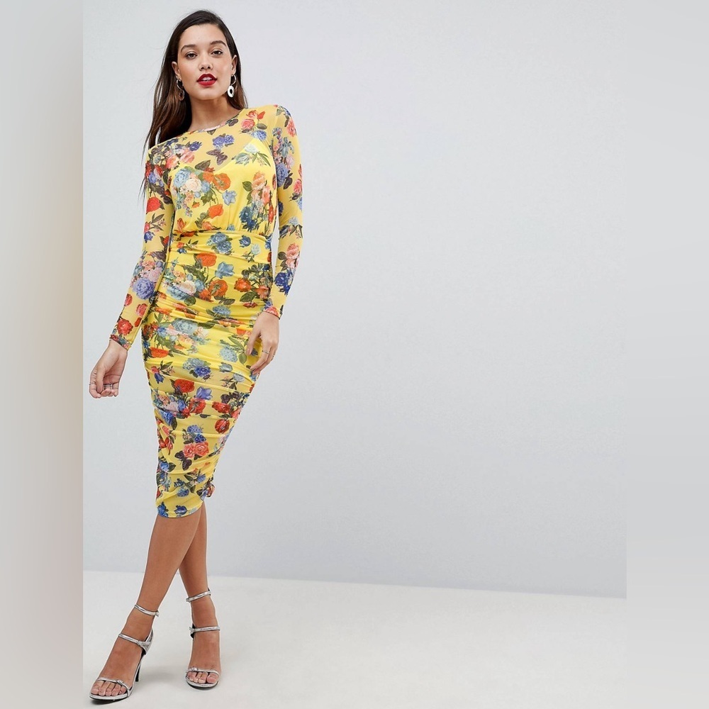 ASOS‎ DESIGN printed mesh pencil dress with ruched skirt US 10
